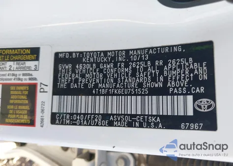 2014 Toyota Camry Se из США, поврежденный, VIN 4T1BF1FK6EU751525